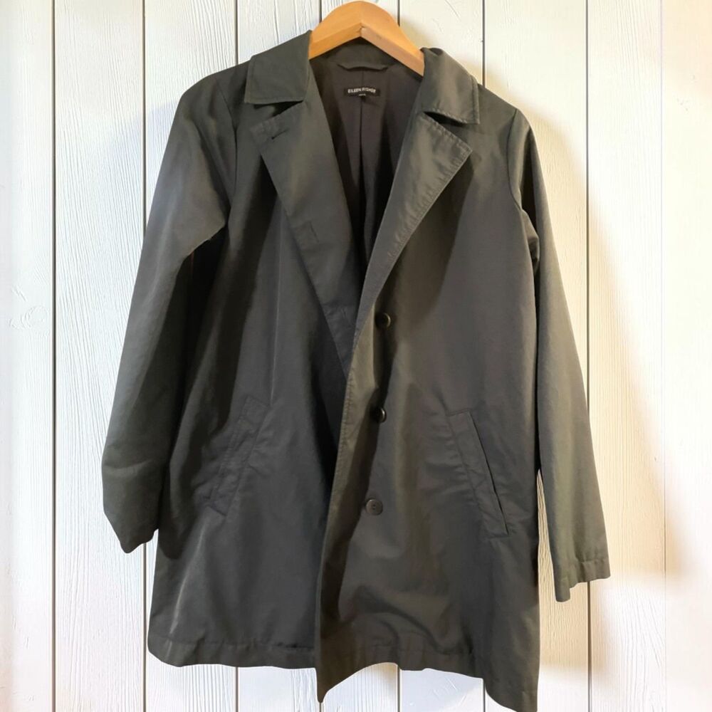 Eileen Fisher Light Cotton Nylon Classic Collar Car Coat Army Green XS